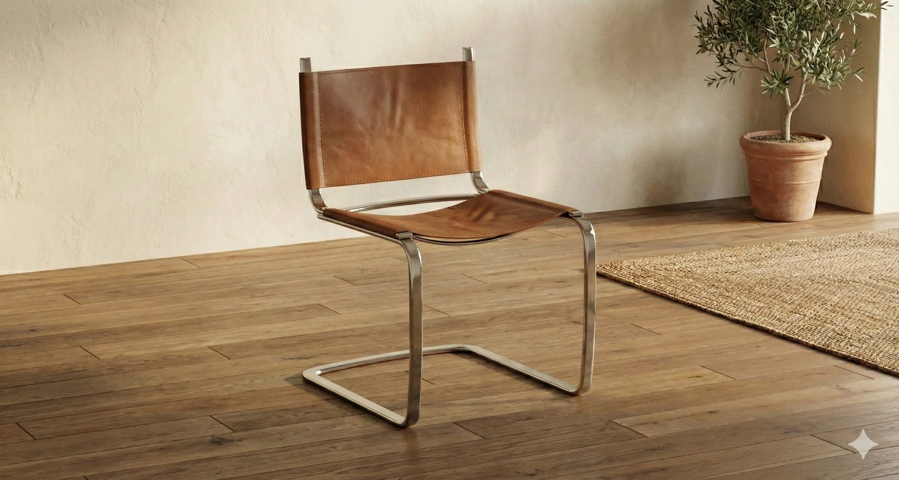 Single tan-leather cantilever dining chair on a chrome tube frame